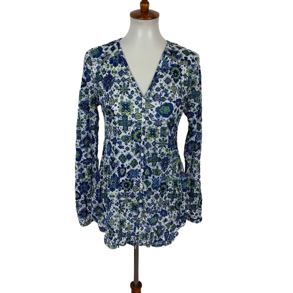 Snoskins Blue Floral Print Crinkle Top XS Long Sleeve Boho Festival Hippie Chic